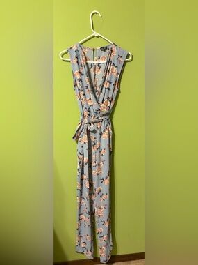 Lily Rose Blue Floral Jumpsuit  with Pink/Peach Roses
